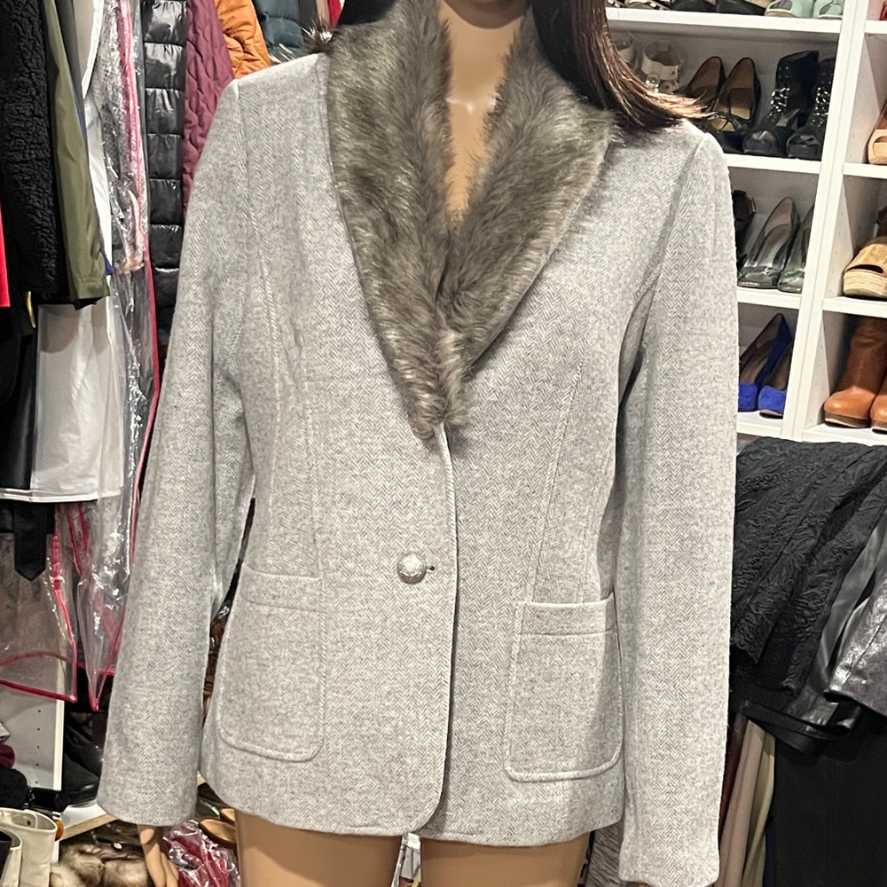 Talbots Gray Blazer with Detachable Faux Fur Collar